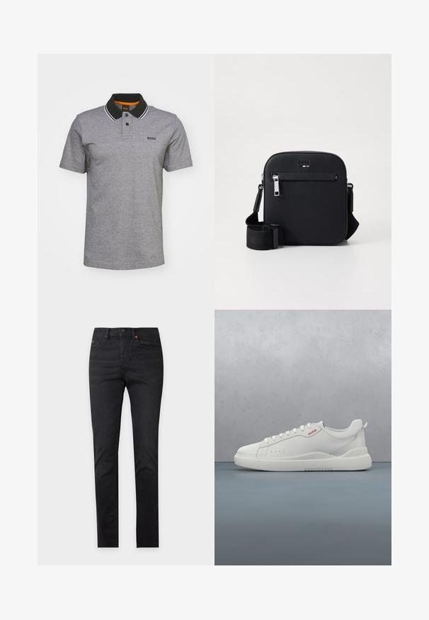 Polo gris en mélange de coton, avec un col noir à rayures blanches, une patte de boutonnage à deux boutons et un logo brodé sur la poitrine.; Jean denim noir slim fit avec poches avant, passants de ceinture et fermeture boutonnée, présenté sur un fond clair uni.; Sneaker blanche avec une finition en cuir lisse, bout rond, quatre œillets, perforations subtiles et un détail de logo rouge sur le côté.; Sac bandoulière en cuir noir avec une texture lisse, doté d'une poche zippée à l'avant, d'une sangle réglable et d'un design carré élégant.