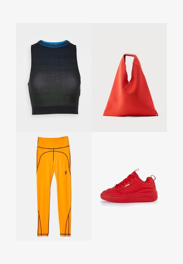Missoni Sport Top - black/green/blue; 7 DAYS Active TECH - Legging - vibrant orange; Rode sneakers met een strak ontwerp, gemaakt van synthetisch materiaal. Beschikken over een ronde neus, dikke zool, textuuraccenten en een prominent merklogo.; Rode driehoekige stoffen draagtas met bovenste handvat en zichtbare naden, rechtopstaand tegen een lichtgrijze achtergrond.