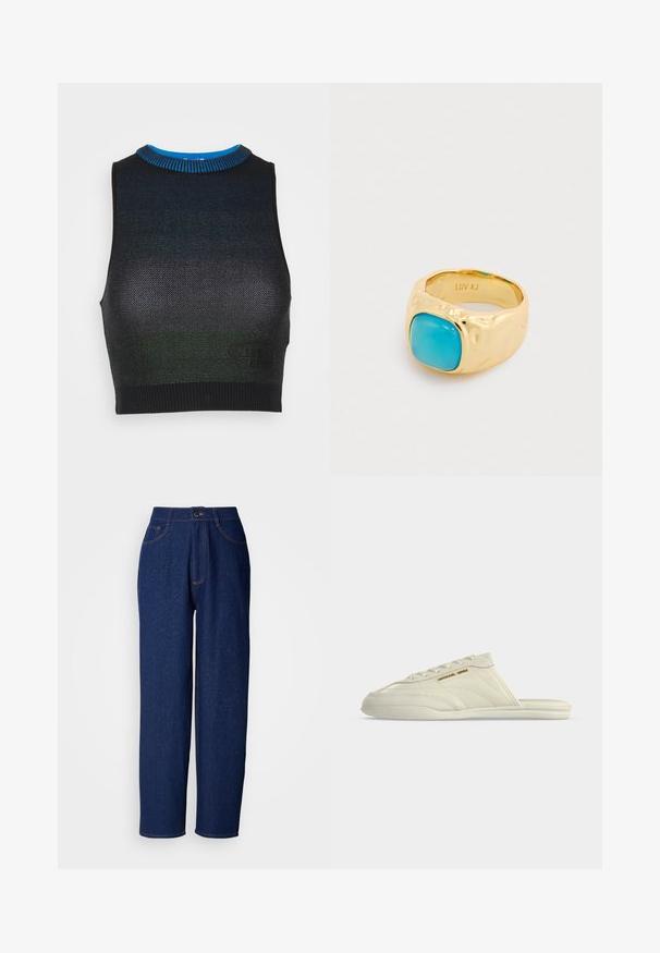 Missoni Sport Top - black/green/blue; Donkerblauwe denim wijd uitlopende broek met een hoge taille, voorzien van oranje stiksels, voorkzakken en een knoopsluiting. Zorgt voor een gladde textuur met subtiele stippen.; Crèmekleurige instap-sneaker met veterdetail, Michael Kors-logo aan de zijkant en lage gevoerde zool, zijaanzicht.; Gouden ring met een gladde, gestructureerde band en een grote turkooissteen in het midden, met subtiele merkvermelding aan de binnenzijde.