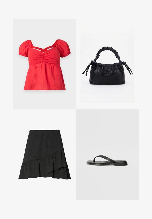 Blouse rouge à manches courtes avec des manches bouffantes, buste froncé, taille empire froncée et un détail en découpe en V sous le col.; Jupe portefeuille noire à texture, avec ourlet asymétrique à volants et taille élastique.; Tongs noires en cuir lisse, avec un design de sangle fine et une semelle plate à profil minimal. Aucun motif ou accent notables.; Sac à main noir avec texture crocodile, bord supérieur froncé, poignée plissée et pompons à cordon de chaque côté sur fond blanc.