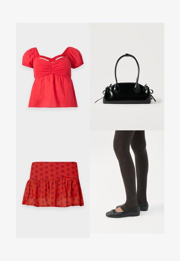 Blusa corta de manga corta roja con mangas abullonadas, busto fruncido, cintura imperio fruncida y detalle de corte en forma de V debajo del escote.; Falda roja con volantes y lunares negros, hecha de un tejido ligero. Presenta una cinturilla ajustada y un diseño de capas.; Piernas con leggings oscuros acanalados combinados con bailarinas negras que presentan pequeños detalles de lazo sobre un fondo blanco.; Pequeño bolso negro brillante con dos asas largas y detalles de cordón lateral sobre un fondo claro liso.