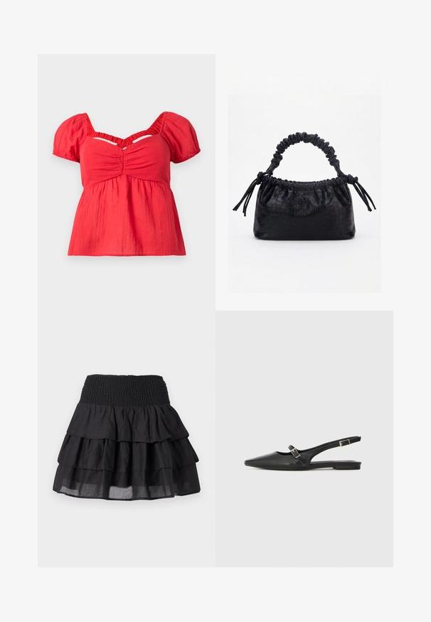 Rød kortærmet bluse med puffærmer, rynket bust, samlet empire talje og en V-formet udskæring nedenfor kraven.; Sort lagkagedræk med en smocket talje. Har tre lag af flæser og et let stof for en svævne udseende.; Sorte læder slingback-sko med spids tå, med en smal rem og en sølvspænde-detalje på siden. Flad sål.; Sort taske med krokodilletekstur, rynket øverste kant, samlet hank og snore med kvaster på hver side mod en hvid baggrund.