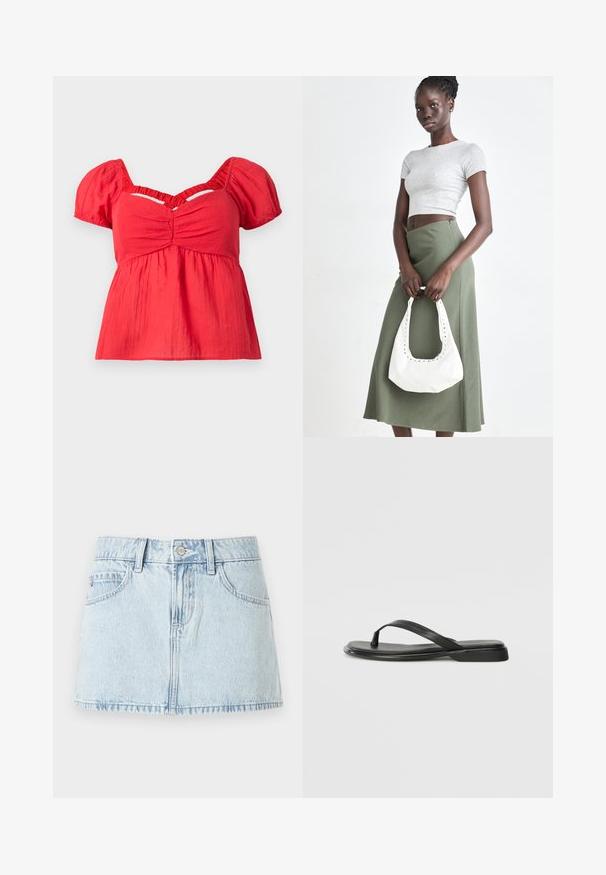 Rød kortærmet bluse med puffærmer, rynket bust, samlet empire talje og en V-formet udskæring nedenfor kraven.; Lyseblå denim-mini nederdel med frontknap, bælteløkker og forlommer, vist på en hvid baggrund.; Sorte flip-flops lavet af glat læder, med et tyndt remdesign og en flad sål med et minimalt profil. Ingen bemærkelsesværdige mønstre eller accenter.; Grå ribbet crop top og olivengrøn højhøjdet nederdel. Modellen holder en hvid skuldertaske med udskæringsdetaljer. Enkel design, tætsiddende silhuet.