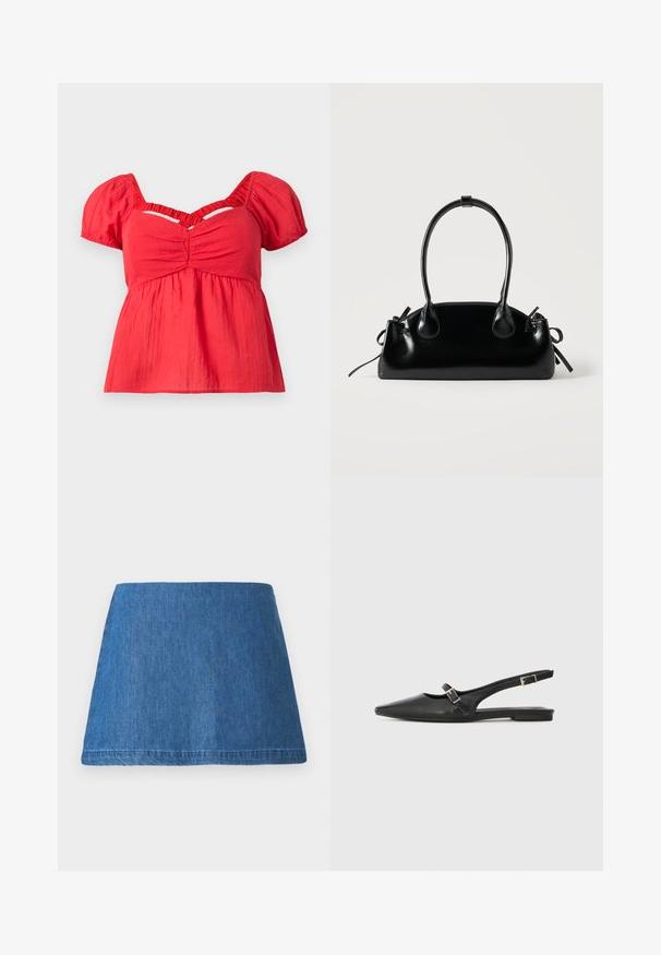 Rød kortærmet bluse med puffærmer, rynket bust, samlet empire talje og en V-formet udskæring nedenfor kraven.; Denim mini nederdel i en mellemblå tone, med en klassisk A-form, ren kant og uden synlige udsmykninger eller mønstre.; Sorte læder slingback-sko med spids tå, med en smal rem og en sølvspænde-detalje på siden. Flad sål.; Lille sort blank håndtaske med to lange håndtag og snøre-detaljer i siden på en ensfarvet lys baggrund.