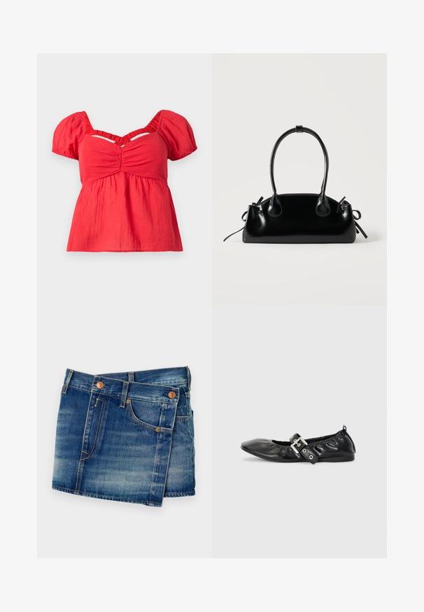 Blusa corta de manga corta roja con mangas abullonadas, busto fruncido, cintura imperio fruncida y detalle de corte en forma de V debajo del escote.; Pantalones cortos de mezclilla en azul medio con un lavado desgastado, con botones de cobre, diseño de cinco bolsillos y detalles de costura en contraste.; Zapato plano de piel negra con puntera afilada, detalle fruncido alrededor de la abertura y un acento de hebilla plateada en la correa ajustable.; Pequeño bolso negro brillante con dos asas largas y detalles de cordón lateral sobre un fondo claro liso.