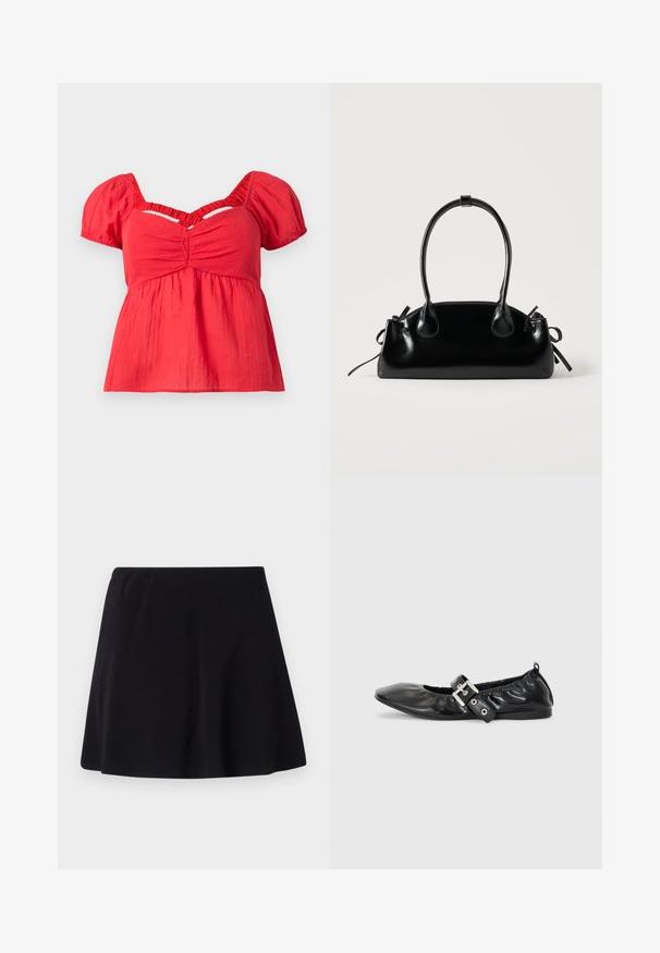 Blouse rouge à manches courtes avec des manches bouffantes, buste froncé, taille empire froncée et un détail en découpe en V sous le col.; Jupe noire, longueur au-dessus du genou, fabriquée dans un tissu léger avec une texture subtile, dotée d'un design évasé et d'une ceinture élastique.; Chaussure plate en cuir noir avec un nez pointu, des détails froncés autour de l'ouverture et un accent en boucle argentée sur la bride ajustable.; Petit sac à main noir brillant avec deux longues anses et des détails à cordon sur les côtés sur un fond clair uni.