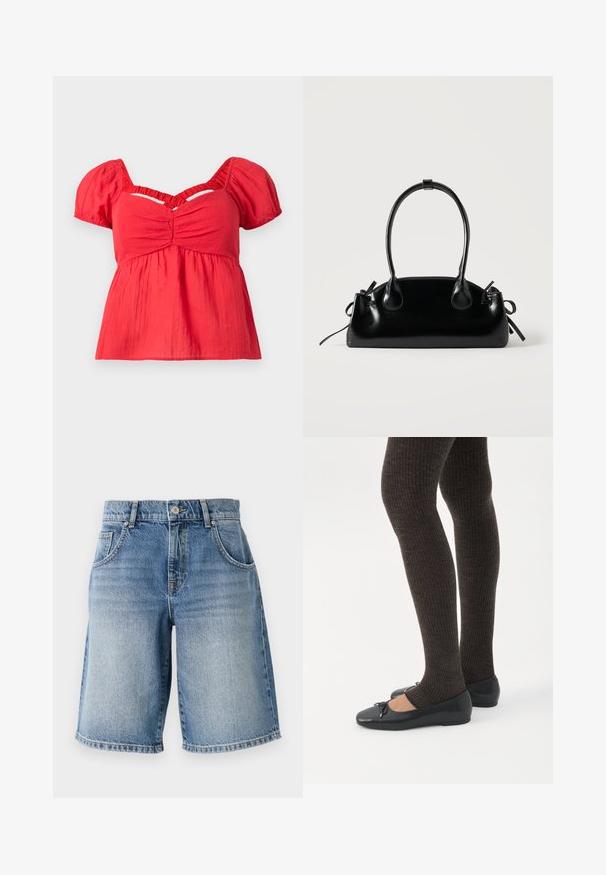 Rød kortærmet bluse med puffærmer, rynket bust, samlet empire talje og en V-formet udskæring nedenfor kraven.; Lysblå denimshorts med lige pasform, fem lommer og bronzefarvet hardware. Har en rå kant og en falmet vaskemæssig struktur.; Ben iført mørke ribbede leggings kombineret med sorte balletsko med små sløjfedetaljer på hvid baggrund.; Lille sort blank håndtaske med to lange håndtag og snøre-detaljer i siden på en ensfarvet lys baggrund.