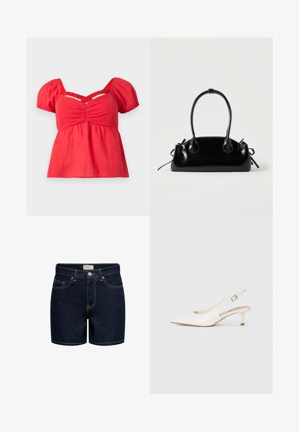 Rød kortærmet bluse med puffærmer, rynket bust, samlet empire talje og en V-formet udskæring nedenfor kraven.; Mørkeblå denimshorts med en tætsiddende pasform, fem lommer, gyldne syninger og lukning med knap foran. Materialet har en glat tekstur.; Hvide slingback hæle med spids tå, lavet af glat læder. Har en slank hæl og en spænde rem for en sikker pasform.; Lille sort blank håndtaske med to lange håndtag og snøre-detaljer i siden på en ensfarvet lys baggrund.