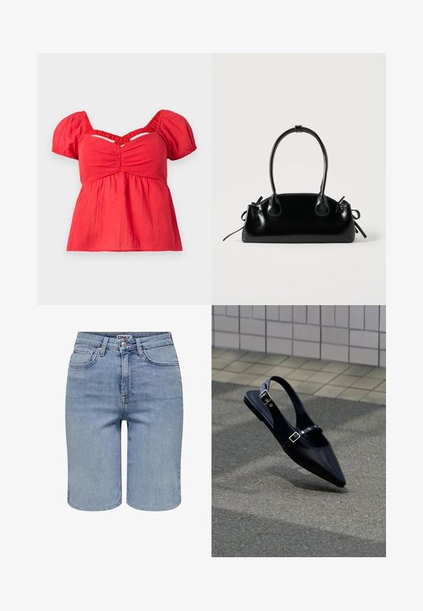 Rød kortærmet bluse med puffærmer, rynket bust, samlet empire talje og en V-formet udskæring nedenfor kraven.; Lyseblå denimshorts med forlommer, bæltestropper, en metalknap og en lynlåslukning.; Sort flad slingback med spids tå og dobbelte spænder, hvilende på grå asfalt nær flisevæg.; Lille sort blank håndtaske med to lange håndtag og snøre-detaljer i siden på en ensfarvet lys baggrund.