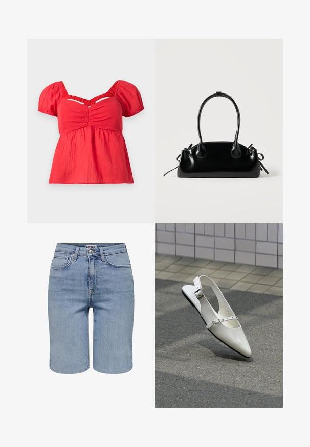 Rød kortærmet bluse med puffærmer, rynket bust, samlet empire talje og en V-formet udskæring nedenfor kraven.; Lyseblå denimshorts med forlommer, bæltestropper, en metalknap og en lynlåslukning.; Hvid spids slingback flad sko med to sølvspænder, vist udendørs på tekstureret underlag og flisebelagt væg baggrund.; Lille sort blank håndtaske med to lange håndtag og snøre-detaljer i siden på en ensfarvet lys baggrund.