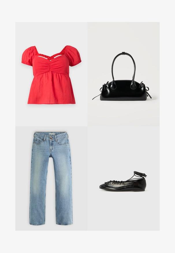 Rote Bluse mit kurzen Puffärmeln, gerafftem Dekolleté, gerafftem Empire-Taille und einem V-förmigen Ausschnitt unterhalb des Halsauschnitts.; Hellblaue gerade geschnittene Jeans aus Denim, mit Knopfverschluss, fünf Taschen und subtiler Ausbleichung entlang der Beine.; Schwarze Ballerinas aus Lackleder mit runder Spitze, Schnürdesign und flacher Sohle. Glatte Textur mit minimaler Verzierung.; Kleine schwarze glänzende Handtasche mit zwei langen Griffen und seitlichen Kordelzug-Details vor einfachem hellem Hintergrund.