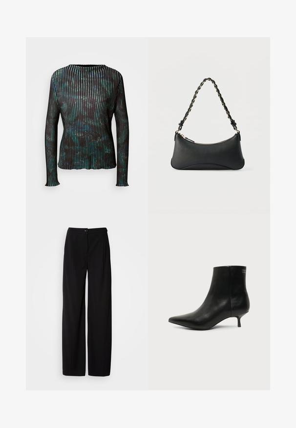 Marc Cain T-shirt à manches longues - dark jade green; Pantalons large en noir avec un tissu tissé lisse ; dotés d'une fermeture à bouton et d'un design plissé pour une silhouette structurée.; Bottine en cuir noir avec bout pointu et petit talon kitten sur fond clair, vue côté extérieur.; Sac à bandoulière en cuir noir de forme rectangulaire incurvée, avec une chaîne dorée tissée dans la bandoulière noire tressée et une fermeture éclair sur le dessus.