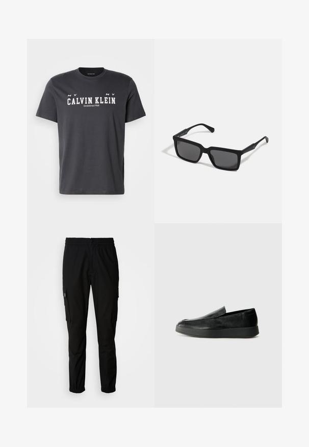 Sort bomulds t-shirt med rund halsudskæring, korte ærmer og fed hvid tekst, der siger "CALVIN KLEIN Established 1968" på forsiden.; Sorte cargo bukser lavet af stof, med elastisk talje, knaplukning og flere sidelommer med klapper.; Calvin Klein HYBRID CUP - Loafers - triple black; Sorte solbriller med rektangulære linser, mat finish, tykke stel og slanke arme med en subtil brandingdetalje.