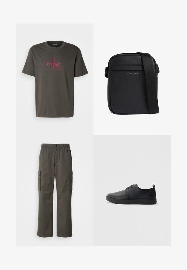 Mørkegrøn t-shirt i bomuld med korte ærmer. Har et stort, afdæmpet rødt Calvin Klein-logo centreret på fronten. Klassisk rund hals-design.; Cargo bukser i mørkegrå med elastisk talje, to sidelommer og en afslappet pasform. Fremstillet af holdbart stof med en glat tekstur.; Sorte lædersneakers med en glat finish, rund tå, tonalt syning, snøring foran og en flad gummisål. Løkke ved hælen.; Sort Calvin Klein crossbody taske med tekstureret overflade og justerbar skulderrem.