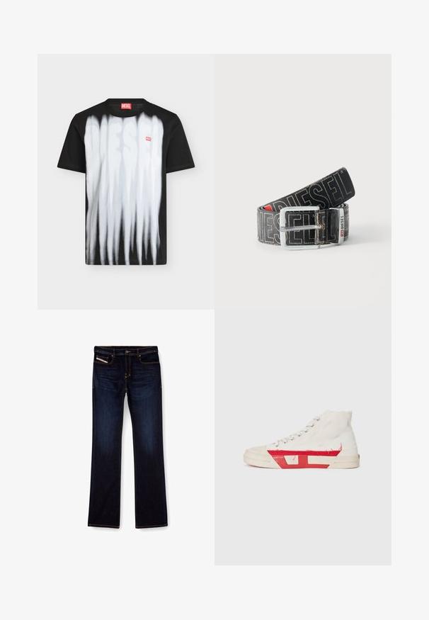 Camiseta negra de manga corta Diesel con rayas verticales blancas y un gran logo difuminado de Diesel en la parte delantera, además de una pequeña etiqueta roja de Diesel en el pecho.; Jeans de mezclilla de color azul oscuro con corte recto, con costuras naranjas, cremallera en la bragueta y bolsillos delanteros. Textura suave y cinturilla estándar.; Zapatillas altas con un upper de lona blanca, detalles de goma roja y un dobladillo deshilachado, con ojales plateados y una suela texturizada.; Cinturón negro Diesel con gran texto de logo en blanco, hebilla rectangular plateada y detalle de la anilla metálica con marca, enrollado sobre un fondo claro.