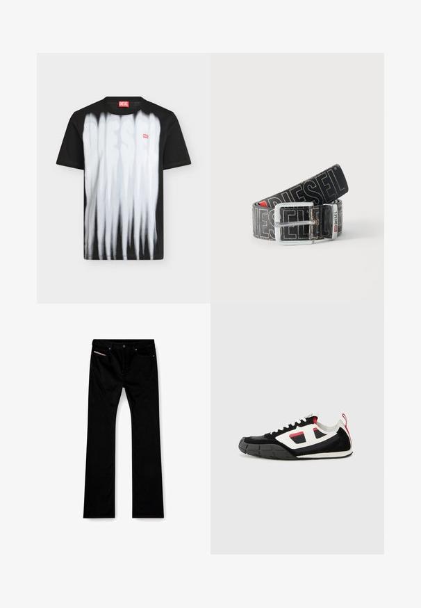 Zwarte korte mouw Diesel T-shirt met witte verticale strepen en een vervaagd groot Diesel-logo aan de voorkant, plus een klein rood Diesel-label op de borst.; Zwarte straight-leg jeans met een knoop en ritssluiting aan de voorkant, voor- en achterzakken, en een wit label zichtbaar in de rechter voorzak.; Diesel S PAGODHA LOW - Sneakers laag - black; Zwarte Diesel-riem met grote witte logotekst, rechthoekige zilveren gesp en merkmetal lusdetail, opgerold op een lichte achtergrond.