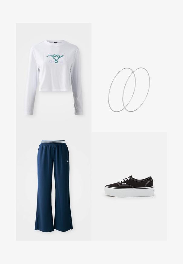 Biely crop top s dlhým rukávom z bavlny, s grafickým motívom zelenej hadice previazanou s dizajnom kľúča na prednej strane.; Námořnické modré športové nohavice so širokým nohavicami, elastickým pásom s bielym pruhom a bočnými rozparkami pre väčšiu pohyblivosť. Logo na vrecku.; Čierne plátenné tenisky s bielou gumovou platformou, s bielymi šnúrkami a stehmi, ikonickým logom na boku, nízkoprofilový dizajn.; Strieborné kruhové náušnice s minimalistickým dizajnom. Cirkulárny tvar, hladký povrch a tenký profil. Ľahké s lesklým povrchom.