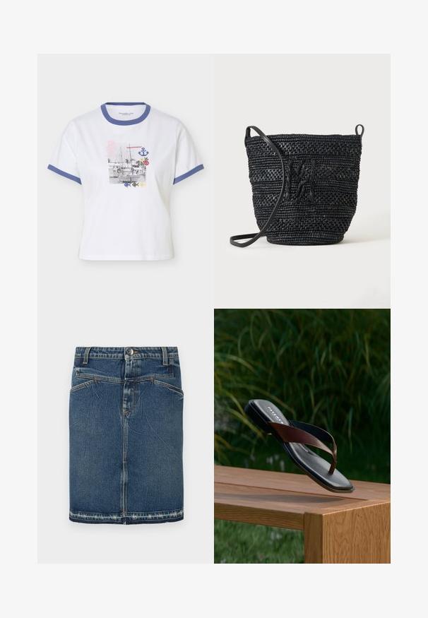 Weißes T-Shirt mit kurzen Ärmeln, blauem Kragen und Ärmelabschlüssen, mit maritimem Aufdruck mit Segelboot, Anker und Meerestieren.; Denimrock mit einem klassischen Blue-Wash, fünf Taschen-Design und fransigem Saum. Schließt mit einem vorderen Knopf und Reißverschluss.; Brauner Lederschlappen mit schwarzer Sohle, präsentiert ein elegantes Design und erhöhte Riemen, auf einer Holzoberfläche vor grünem Hintergrund.; Schwarze gewebte Bucket-Tasche mit langem Riemen und strukturiertem Musterdetail auf einfarbigem Hintergrund.