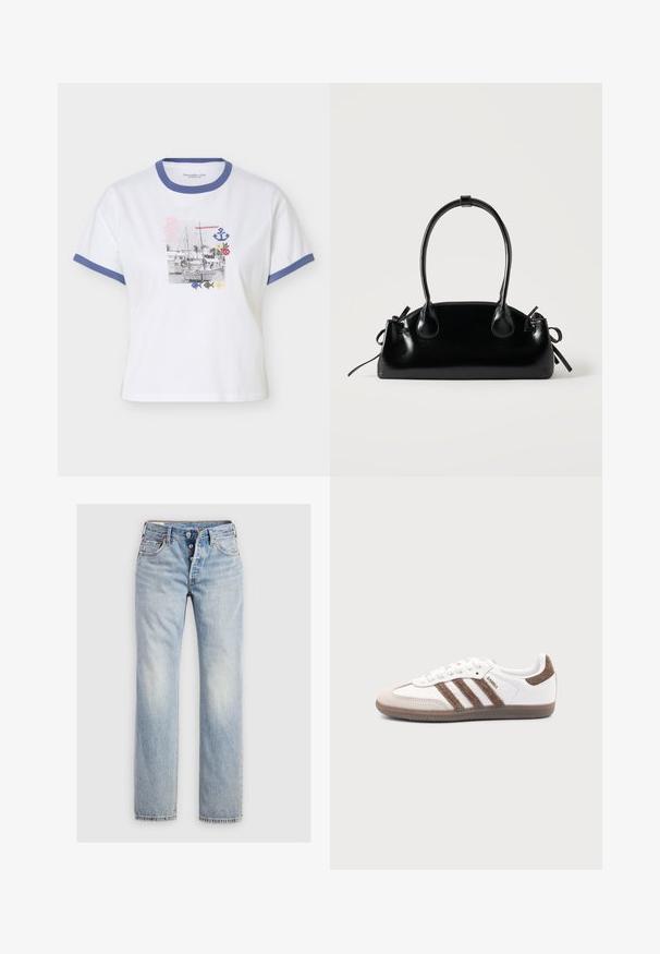 Hvid T-shirt med korte ærmer med blå krave og ærmekanter, med et maritimt tryk med en sejlbåd, anker og havdyr.; Lysblå denim jeans med lige ben, fem-knap lukning og baglommer med diskret stikning.; Hvid Adidas Samba sneaker med brune ruskindstriber, brun gummisål og beige ruskindståhætte, vist fra ydersiden på en ensfarvet baggrund.; Lille sort blank håndtaske med to lange håndtag og snøre-detaljer i siden på en ensfarvet lys baggrund.