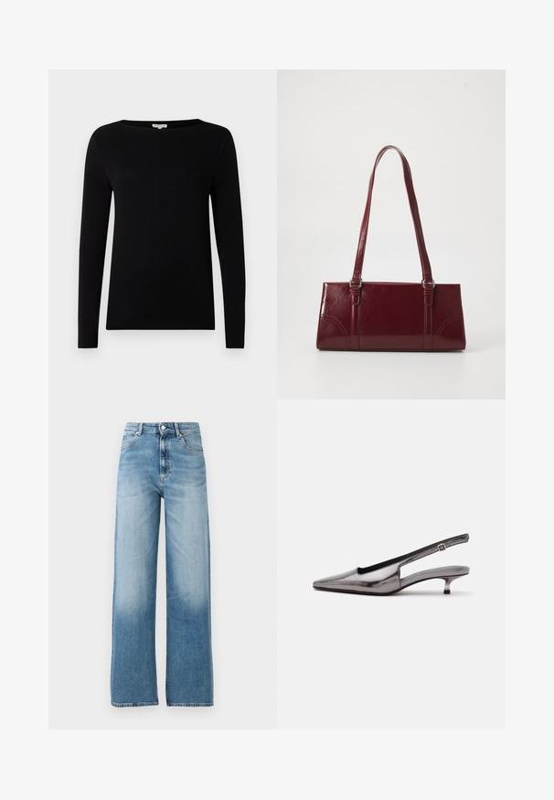 Sort langærmet top med båtudskæring, lavet af blødt stof. Har en subtil forside søm og lige kant. Ingen synlige mønstre eller accenter.; Lysblå, vide jeans med høj talje. Lavet af denim, med knaplukning og fem lommer. Fades mod bunden.; Metalgrå spids slingback-sko med lav kittenhæle og justerbar rem på hvid baggrund.; Bordeaux håndtaske lavet af glansfuldt materiale, rektangulær form, med to skulderremme og subtile buede detaljer på forsiden.