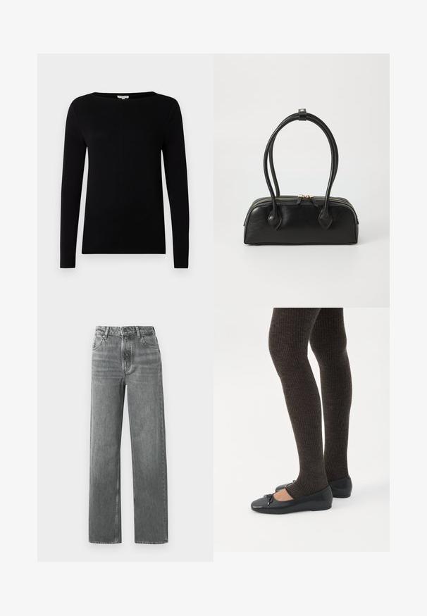 Sort langærmet top med båtudskæring, lavet af blødt stof. Har en subtil forside søm og lige kant. Ingen synlige mønstre eller accenter.; Grå brede jeans lavet af denim, med høj talje, fem lommer og sømdetaljer. Stof har et falmet, tekstureret udseende.; Ben iført mørke ribbede leggings kombineret med sorte balletsko med små sløjfedetaljer på hvid baggrund.; Sort læder håndtaske med to langstrakte håndtag, lynlåslukning og afrundet form; glat tekstur med en subtil blank finish.