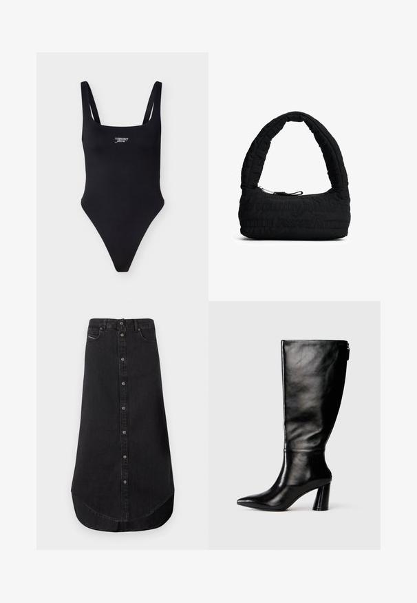 Sort ærmeløst bodystocking med firkantet halsudskæring og "tommy jeans" logo i hvidt centreret på brystet.; Sort denim midi nederdel med forrest lukning med knapper, buet kant, bæltestropper og forreste lommer.; Knee-high sorte læderstøvle med spids tå, glat tekstur og en kraftig hæl. Har en lynlåsdetaile bagpå.; Quiltet sort håndtaske med en buet hank og lynlås. Udstyret med teksturerede mønstre og et blødt stofmateriale. Kompakt og alsidig design.