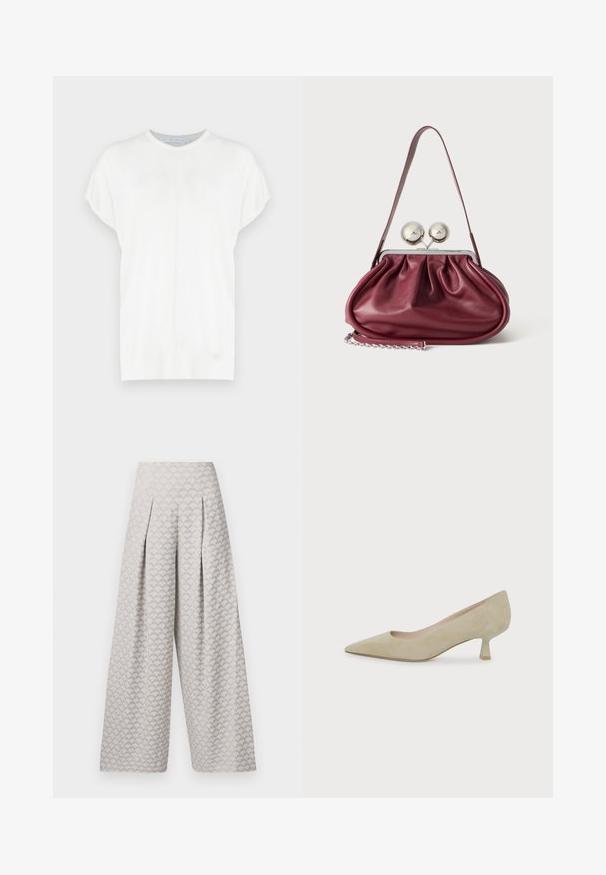 Haut tricot blanc à manches courtes avec un col rond, présentant une texture lisse et des détails de coutures subtils à l'avant.; Pantalons larges gris clair avec un motif texturé ressemblant à de petits triangles, dotés d'une taille haute et de plis pour plus de structure.; Escarpin en daim beige à bout pointu avec un talon bas et fin de hauteur moyenne sur fond blanc uni.; Petit sac à main en cuir bordeaux avec des détails froncés, une fine bandoulière et une fermeture argentée comportant deux gros boutons ronds.