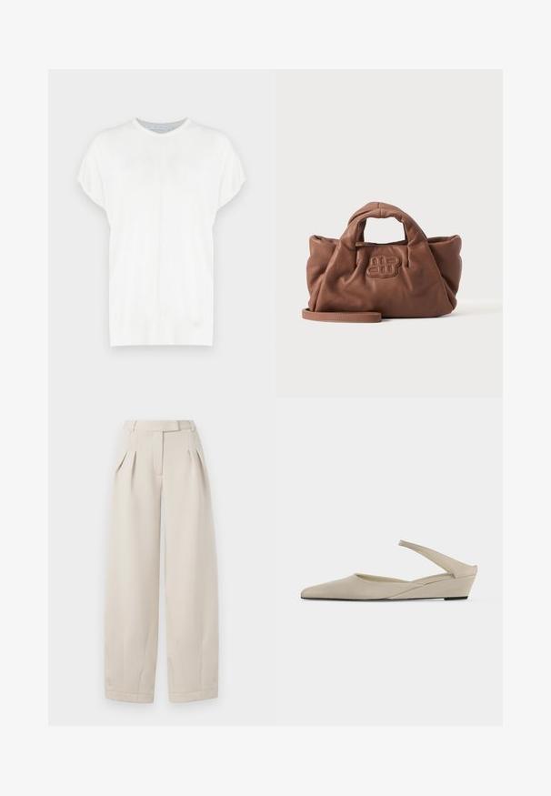 Haut tricot blanc à manches courtes avec un col rond, présentant une texture lisse et des détails de coutures subtils à l'avant.; Pantalons beige taille haute et jambes larges avec des plis à l'avant, passants de ceinture et fermeture discrète à l'avant.; Chaussure slingback beige à petit talon compensé, bout pointu et finition mate lisse, présentée de profil sur fond blanc.; Sac à main en cuir marron doux avec des poignées courtes, un logo brodé à l'avant et une longue bandoulière amovible sur un fond clair uni.