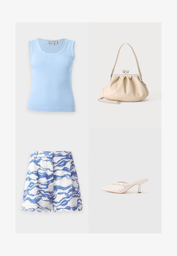 Haut sans manches bleu clair à côtes avec bordure en dentelle aux emmanchures et à l'encolure, petit logo brodé "PJ" centré sous l'encolure.; Shorts blancs avec un motif de vagues bleues, ourlet en forme de coquille, tissu léger, devant plissé et coupe décontractée. Idéal pour une tenue décontractée.; Chaussure mule en tissu beige clair avec un design noué à l'avant, bout pointu et talon fin et effilé. Texture lisse dans l'ensemble.; Sac à main en cuir souple beige avec un fermoir en métal argenté, une bandoulière simple et une bandoulière chaîne optionnelle sur fond blanc.