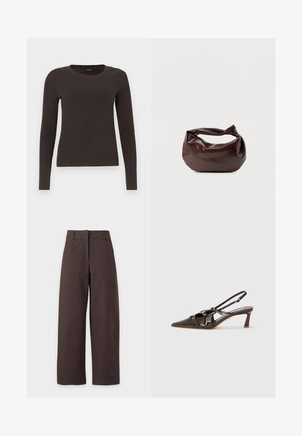 Top marrón de manga larga y con ribete, con cuello redondo. Fabricado con un material suave y elástico, presenta una silueta ajustada y un diseño minimalista.; Pantalones marrones de pierna recta con trabillas para cinturón y cierre frontal oculto, mostrados sobre un fondo claro y liso.; Tacón slingback de charol marrón con punta afilada, correas ajustables y hebillas decorativas en la parte frontal. Altura del tacón de 3 pulgadas.; Bolso de hombro de cuero marrón oscuro con una forma suave y caída, y un asa con nudo torcido sobre un fondo blanco liso.
