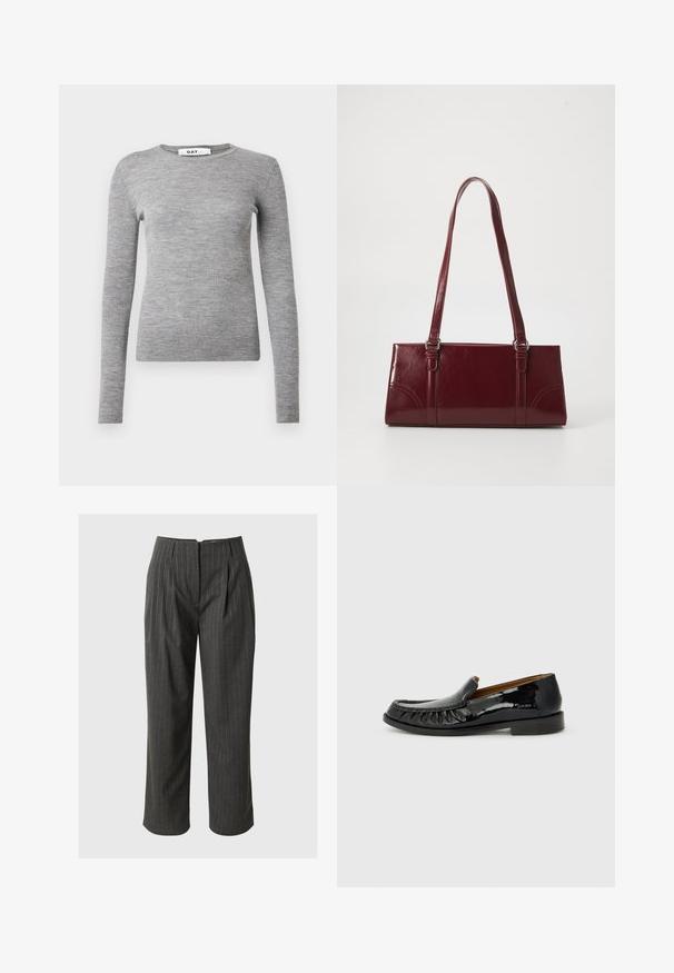 Grå langærmet ribstrikket sweater med rund halsudskæring og tætsiddende design. Fremstillet af et blødt, struktureret materiale med en slank silhuet.; Grå stribede bukser med skræddersyet pasform, plisseret front og beskåret kant. Fremstillet af vævet stof med en glat tekstur.; Sorte patentlæder loafers med frangesmykning på fronten og rund tå. Sålen er flad og tekstureret for godt greb.; Bordeaux håndtaske lavet af glansfuldt materiale, rektangulær form, med to skulderremme og subtile buede detaljer på forsiden.