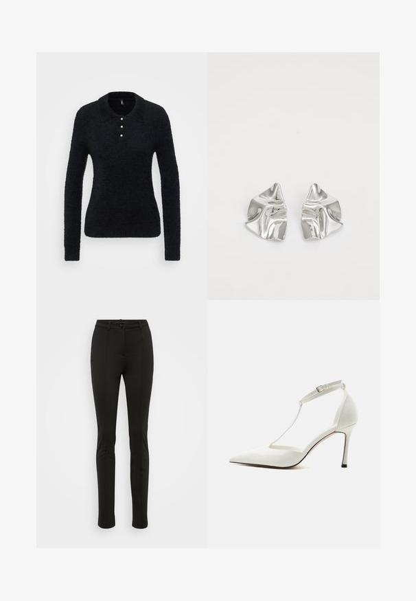 ONLY Tall ONLPETRA POLO BLING - Pullover - black; Pantalon noir ajusté en tissu lisse. Comprend une fermeture à bouton, des passants pour ceinture et des coutures frontales nettes. Coupe fuselée au niveau des jambes.; Escarpin blanc à bout pointu avec fine bride de cheville et boucle, finition lisse et talon stiletto fin sur un fond uni.; Boucles d'oreilles en métal argenté avec un design ondulé et sculptural, présentant une finition polie et des formes irrégulières, mettant en valeur une esthétique contemporaine.
