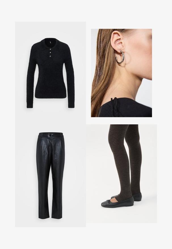 ONLY Tall ONLPETRA POLO BLING - Pullover - black; Pantalons en cuir noir avec une texture lisse, design à jambe fuselée, taille élastique et détails de couture à l'avant. Adaptés pour un port décontracté ou formel.; Jambes portant des leggings côtelés foncés associés à des ballerines noires avec de petits détails en nœud sur fond blanc.; Boucle d'oreille en argent avec une finition polie, présentant de petits détails en or et de forme ronde, portée sur le lobe.