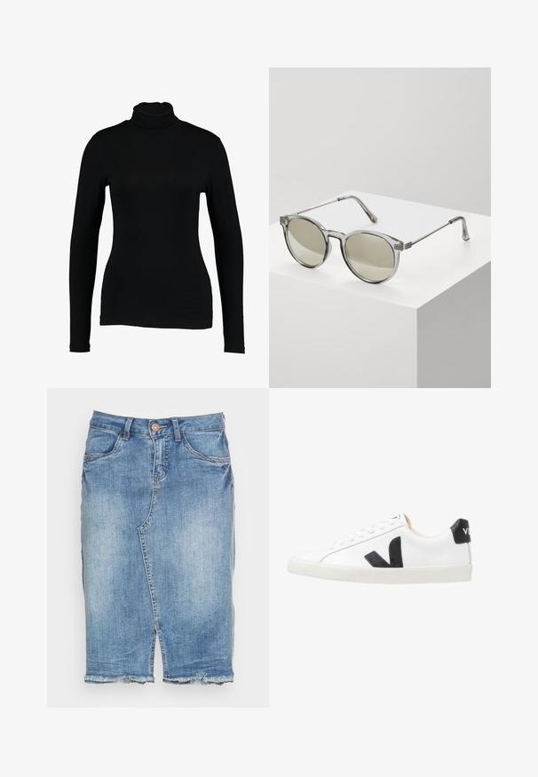Zwart lange mouw turtleneck top van gladde stof, met een aansluitend ontwerp en hoge hals, geschikt voor layering of als standalone kleding.; Lichtblauwe denim rok met voorsplit, rafelige zoom, ceintuurlussen, knoopsluiting en voorzakken.; Witte sneaker met een zwart V-logo, voorzien van een gladleren bovenwerk, ronde neus, vetersluiting en een contrasterende zwarte hieltab.; Ronde zonnebrillen met transparante grijze monturen en grijs-getinte lenzen. Metalen accenten op de veren en gebogen armen voor stabiliteit.