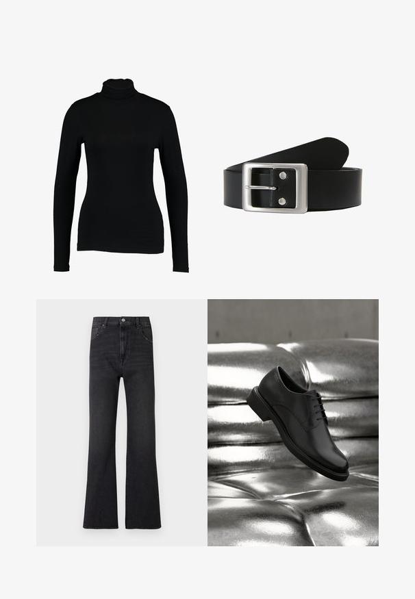 Sort langærmet turtleneck top lavet af glat stof, med et tætsiddende design og høj hals, velegnet til lag-på-lag brug eller som en selvstændig beklædningsgenstand.; Sorte jeans med vidde forneden i denimstof, med høj talje, to forlommer og subtil falmning. Fem bæltestropper og klassisk lukning med metal knap.; Sort læder herresko med snørebånd, svævende over en skinnende, sølvfarvet metallisk polstret sofapude.; Sort læderbælte med en rektangulær sølvfarvet metalspænde og et hak til piggen. Glat tekstur, med et klassisk design og enkle detaljer.