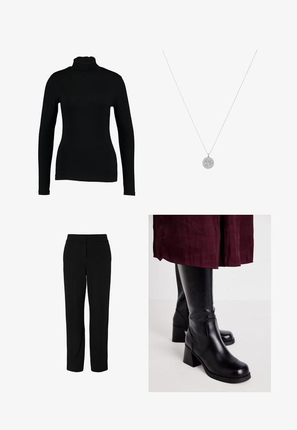 Top negro de manga larga con cuello alto hecho de tela suave, con un diseño ajustado y un cuello alto, adecuado para usar en capas o como prenda independiente.; Pantalones negros de corte entallado hechos de una tela suave. Presentan un diseño de pierna recta, cintura y pliegues frontales para dar estructura.; Botas negras hasta la rodilla con un acabado de cuero liso, tacones de bloque rectangulares y detalle de costura lateral, combinadas con una falda color burdeos.; Collar de plata con un colgante circular de superficie lisa y pequeños acentos decorativos en forma de estrella dispersos.
