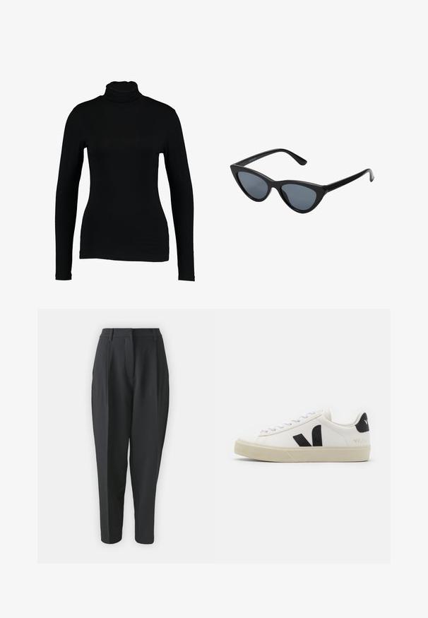 Top negro de manga larga con cuello alto hecho de tela suave, con un diseño ajustado y un cuello alto, adecuado para usar en capas o como prenda independiente.; Pantalones negros ajustados con cintura alta, pinzas y pierna entallada. Tejido liso sin patrones ni adornos visibles.; Zapatilla de cuero blanca con logo V de goma negra. Suela texturizada en blanco roto, cordones blancos y detalle en el talón trasero con el nombre de la marca en negro.; Gafas de sol negras en forma de ojo de gato con lentes gris oscuro, marco de plástico elegante, esquinas puntiagudas y patillas rectas. Sin herrajes ni acentos visibles.