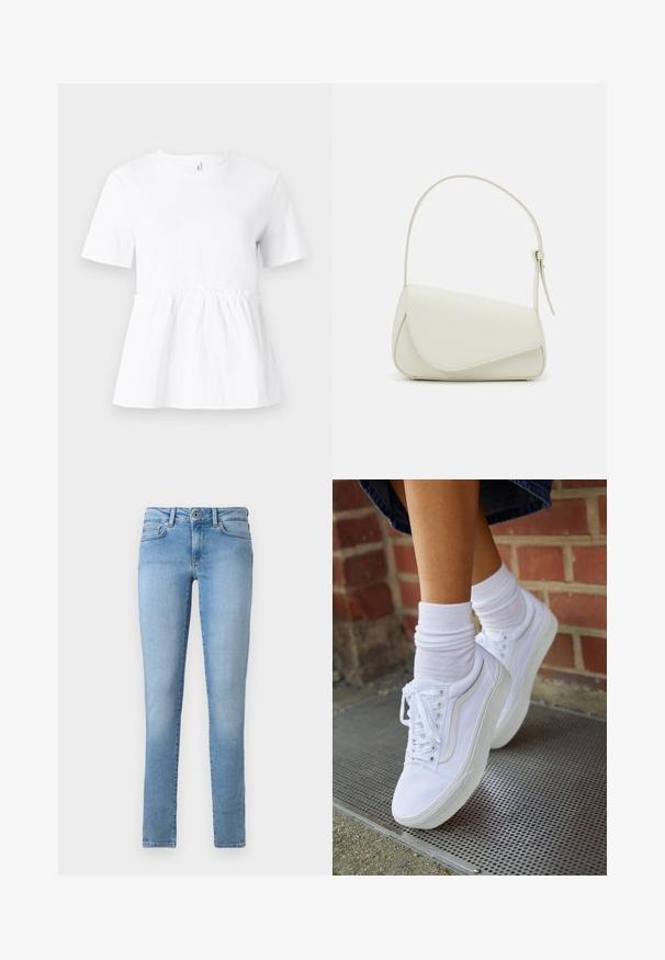 Witte t-shirt met korte mouwen en een verzamelde taille, met een relaxte pasvorm en een soepele katoenen textuur. Eenvoudige ronde halslijn.; Lichtblauwe denim jeans met een rechte pijpdesign, vijf zakken en een sluiting met een knoop aan de voorkant. Gladde textuur met een vervaagde afwerking.; Witte canvas sneakers met rubberen zolen, voorzien van zes vetertjes, een ronde neus en lichte stikdetails, gecombineerd met witte enkelsokken.; Witte nepleren handtas met een gestructureerde driehoekige vorm, een enkele verstelbare schouderriem en een klep met ronde accenten.
