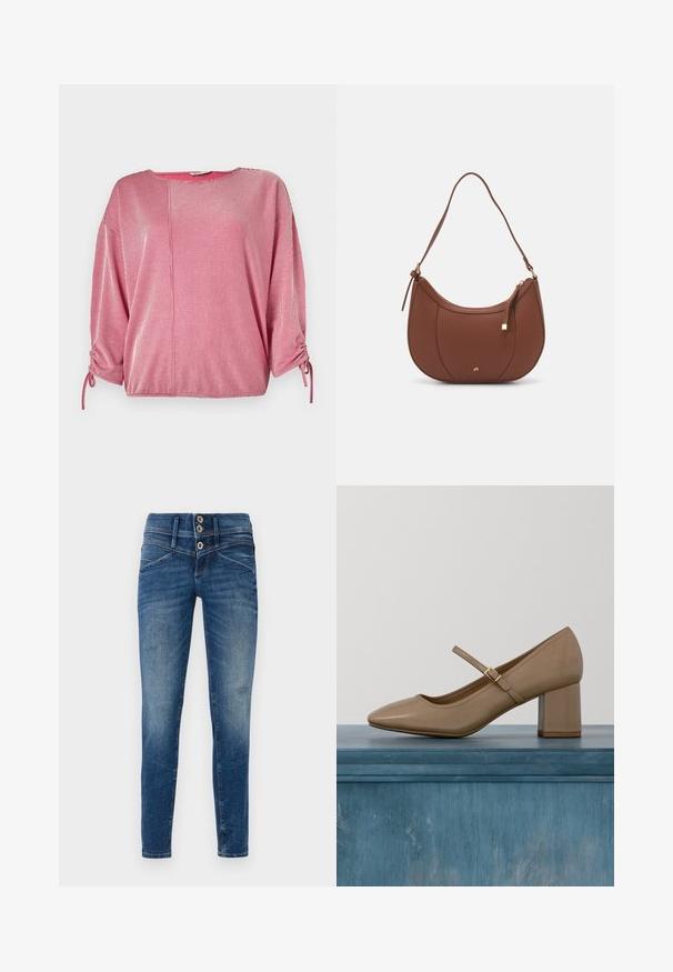 Top rayé rouge et blanc avec un col rond, des manches trois-quarts et des détails froncés élastiqués aux manches. Texture de tissu lisse.; Jeans skinny en denim bleu foncé avec une finition délavée, présentant une taille haute, une fermeture à deux boutons et des détails déchirés sur les jambes.; Escarpin en cuir beige à talon bloc avec bout arrondi et une bride décorative avec une boucle dorée. Texture lisse, design minimaliste.; Sac à épaule en faux cuir brun, de forme arrondie, avec des coutures minimales et un accent en matériel doré. Il possède une fermeture zippée sur le dessus et une sangle réglable.
