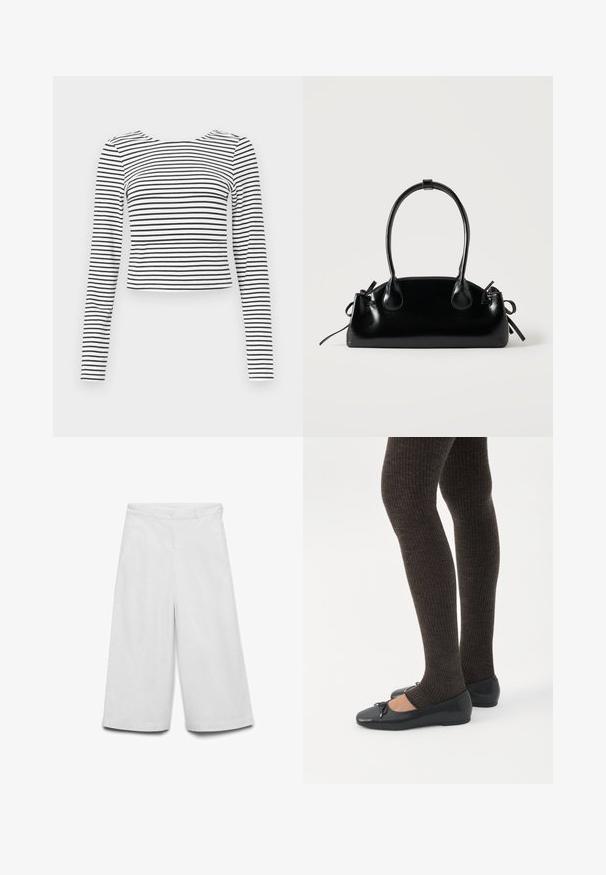 Haut court à manches longues avec un motif à rayures noir et blanc, un col rond et un tissu doux texturé.; Pantalon blanc à jambes larges en coton. Il comprend une fermeture à bouton et à glissière, deux poches avant, et une texture lisse.; Jambes portant des leggings côtelés foncés associés à des ballerines noires avec de petits détails en nœud sur fond blanc.; Petit sac à main noir brillant avec deux longues anses et des détails à cordon sur les côtés sur un fond clair uni.