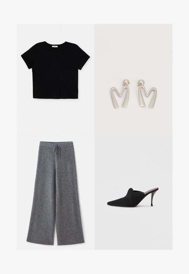T-shirt noir court en coton doux, avec des manches courtes, un col rond et un ourlet net sans embellissements.; Pantalons larges gris en tissu tricoté doux avec une taille élastique à cordon, mettant en valeur une surface texturée et des bords nets.; Mule noir à talon haut avec bout pointu, tissu doux à texture froncée sur le devant et talon aiguille fin.; Paire de boucles d'oreilles en métal argenté en forme de lettre M angulaire avec des tiges arrondies sur fond blanc.