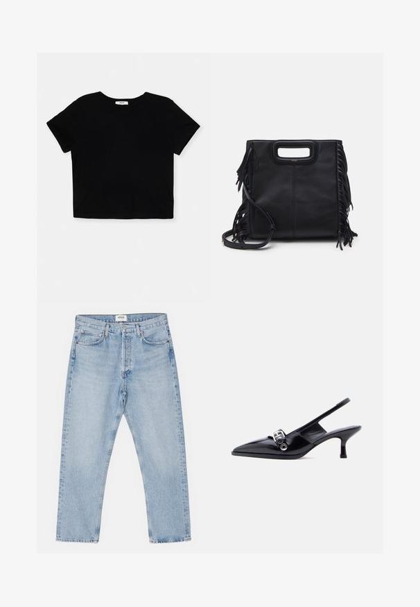 Sort cropped t-shirt lavet af blødt bomuld, har korte ærmer, en rund halsudskæring og en ren kant uden udsmykninger.; Lysblå denimjeans med en klassisk lige skåret ben, fem lommer og knaplukning, der har en subtil falmet effekt og en robust tekstur.; Sort laklæderslingbacksko med lille hæl, spids tå og sølvsfarvet spænde på ensartet hvid baggrund.; Sort læderhåndtaske med en struktureret design, tophåndtag og frynse-detaljer. Har en aftagelig skulderrem for alsidighed.