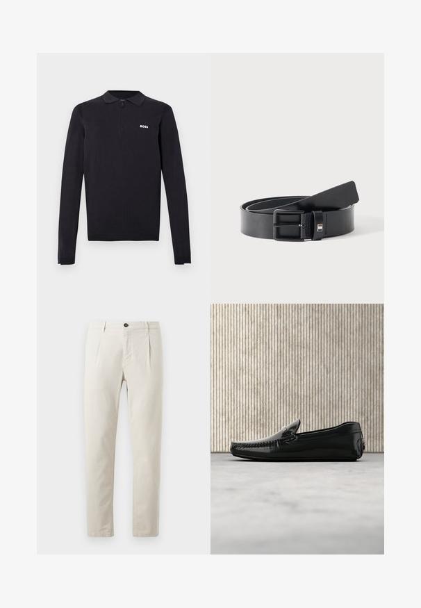 Sort langærmet polo lavet af strikket stof. Har en halvlynede krave, slim fit og en lille hvid logo på brystet.; Beige bomuldsbukser med lige ben, der har en enkelt sort knaplukning og to forlommer. Glat tekstur.; Sorte læder loafers med en blank overflade, rund tå og dekorativt hardware foran. Lavprofil gummisål. Glat tekstur.; Sort læderbælte med mat sort metalspænde, let rullet med remmenes ende hvilende på en hvid overflade.