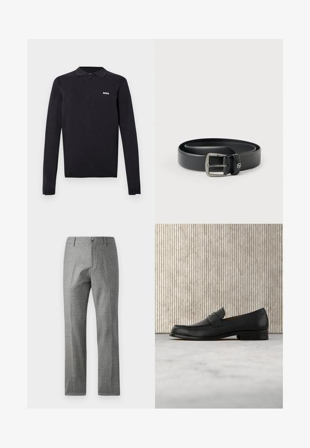 Zwart poloshirt met lange mouwen van gebreide stof. Heeft een halve rits kraag, een slanke pasvorm en een klein wit logo op de borst.; Grijze textuur broek met een rechte pijp ontwerp, voorzien van een voorste knoop- en ritssluiting. Subtiele visgraatpatroon detail.; Zwarte leren loafer zweeft boven een beige tapijt met op de achtergrond een glanzende, ronde, bruine tafel.; Zwarte leren riem met een glanzende zilveren metalen gesp, gladde textuur en gestikte randen. Voorzien van een lus om het uiteinde van de riem vast te zetten.