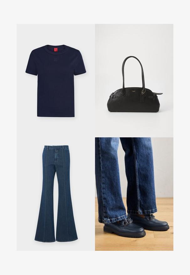 Navyblå T-shirt med korte ærmer og rund hals, med diskret præget "HUGO"-logo på brystet og rødt mærke inde i kraven.; Mørkeblå denim flare bukser med strukturerede sømme og en ren finish. Har en mellem-høj talje og brede, svungne ben.; Mørkeblå lædersko med en kraftig sål og kæde detalje på overdelen, parret med løstsiddende mørkeblå denim jeans.; Sort læderhåndtaske i rund form, med to lange håndtag, guldfarvet hardware og et lille mærke vedhæftet. Lynlåslukning på toppen.