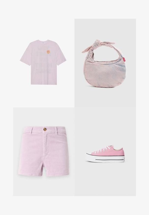 Even&Odd by Zalando Camiseta estampada - lavander fog; Shorts de pana color lavanda claro con cierre de botón, que presentan un diseño texturizado de canalé y bolsillos frontales, cortados por encima del muslo.; Zapatillas de lona rosas con un diseño clásico de caña baja, puntera de goma blanca y rayas negras de acento en la suela. Cintas planas blancas.; Bolso de mano de mezclilla color rosa claro con forma de media luna, correa anudada y etiqueta roja de Levi's sobre fondo liso.