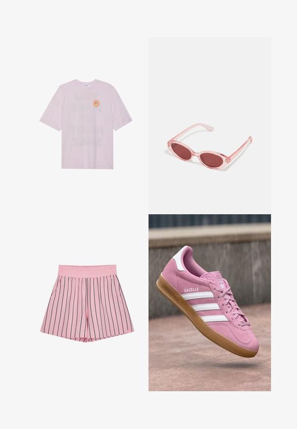 Even&Odd by Zalando Μπλουζάκι με στάμπα - lavander fog; Ροζ σορτσάκια με κάθετους ναυτικούς ρίγες, ελαστική μέση και πλάγιες τσέπες. Κατασκευασμένα από απαλό υλικό με άνετη εφαρμογή.; Ρόδινο σουέτ αθλητικό παπούτσι με λευκή σχεδίαση τριών ρίγων και λογότυπο. Διαθέτει υφή στην μύτη και σόλα από καουτσούκ. Το όνομα μοντέλου "Gazelle" εμφανίζεται στο πλάι.; Ροζ διαφανή γυαλιά ηλίου με ωοειδείς φακούς, σκούρο κόκκινο τόνισμα και κομψούς βραχίονες, με απαλή υφή και διακριτές λεπτομέρειες στο σκελετό.