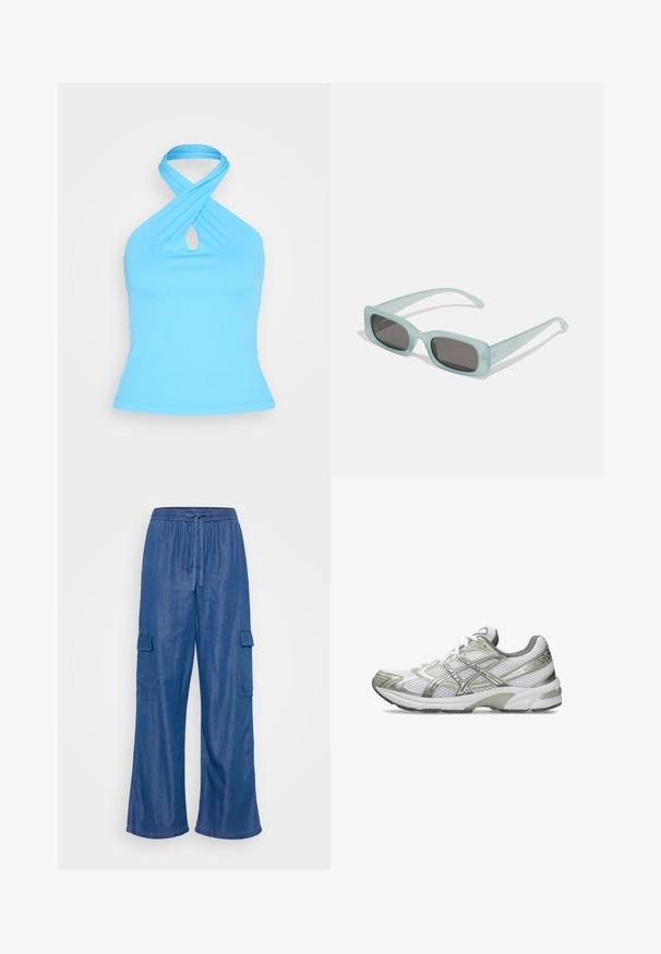 Envii MICHELLE TEE - Top - swim cap; Pantalones cargo de mezclilla azul con corte relajado, que cuentan con una cinturilla ajustable y dos bolsillos laterales. Textura suave, piernas anchas.; Zapatilla de correr blanca con parte superior de malla, acentos metálicos plateados, capuchón de talón gris y suela de goma. Presenta un diseño texturizado y cordones.; Un par de gafas de sol rectangulares con montura translucida azul clara y lentes gris oscuro, que cuentan con patillas rectas y detalles de hardware mínimos.