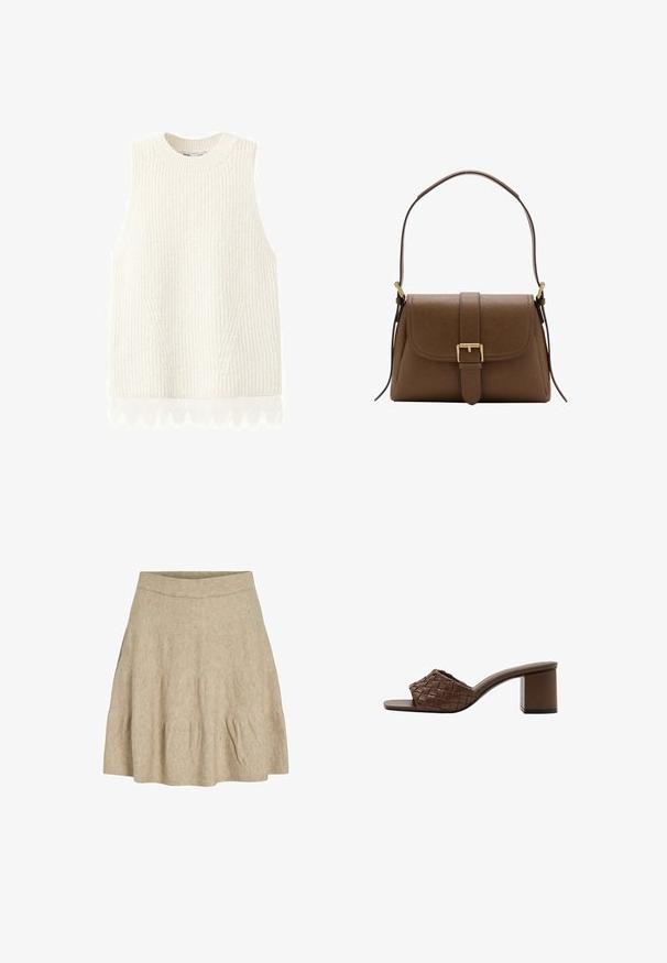 Gilet sans manches en maille blanche avec une texture côtelée et une délicate bordure en dentelle à l'ourlet.; Une jupe courte beige en tissu doux et texturé, avec une taille côtelée et de légères plis près de l'ourlet.; Sandale mule marron avec tige en cuir tressé, bout ouvert et talon bloc sur fond blanc.; Sac à bandoulière en cuir marron avec rabat avant et boucle dorée, disposant d'une bandoulière réglable avec ferrures dorées sur fond blanc.