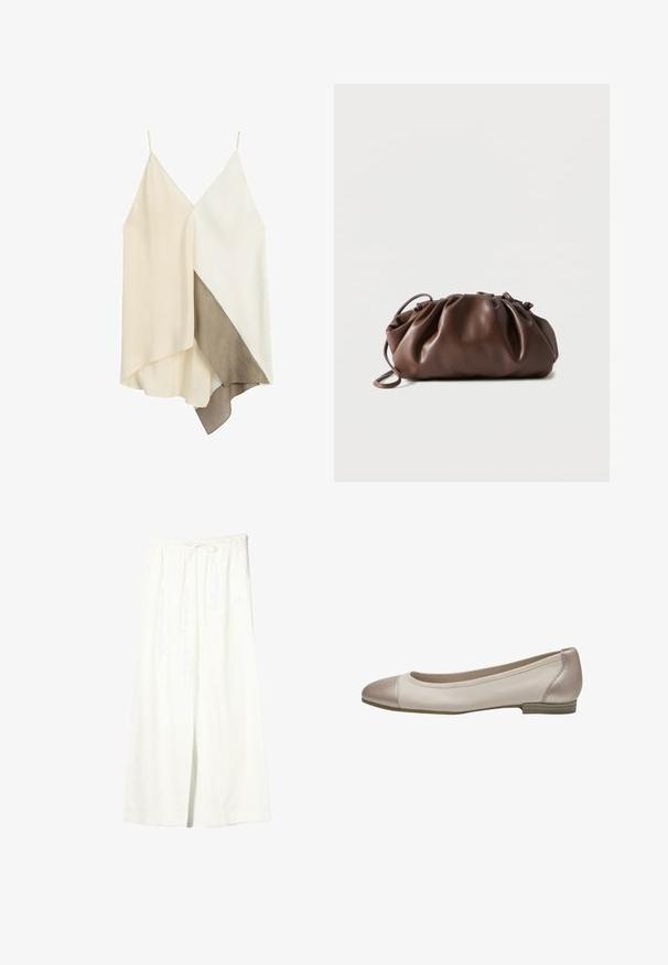 Robe asymétrique sans manches avec fines bretelles, présentant des blocs de couleurs crème, blanc et taupe ainsi que des panneaux de tissu superposés.; Pantalon en lin blanc à jambes larges avec taille élastique et cordon de serrage, doté de poches latérales et d'une fente à l'avant.; Ballerines en cuir crème avec un élégant embout beige. Forme arrondie, petit talon et détails de couture subtils le long du bord.; Sacoche en cuir marron doux avec un haut froncé et une fine bandoulière, posée sur un fond blanc.